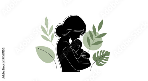 Mother Breastfeeding Baby Silhouette Illustration.