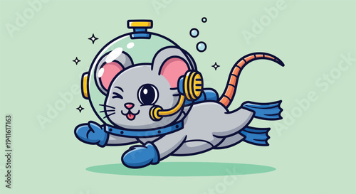 Cute Mouse Scuba Diver Cartoon Vector Icon Illustration.