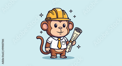 Cute Monkey Engineer Wearing Hard Hat and Holding Blueprint.