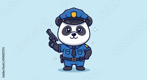 Cute Panda Police Officer Holding a Gun Vector.