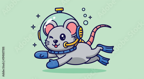 Cute Mouse Wearing Scuba Diving Helmet and Flippers.
