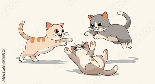 Three Playful Cartoon Cats in Motion.