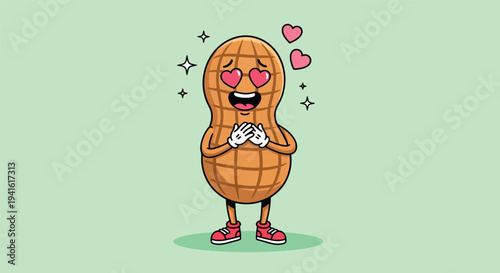 Cute Peanut Character in Love with Heart Eyes Vector Illustration.