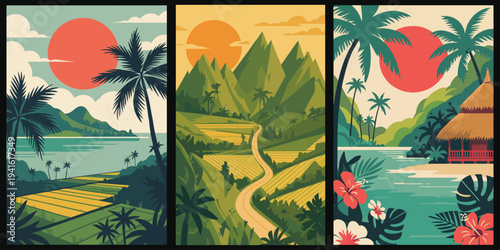 Tropical Landscape Wall Art, vibrant coastal scene with sun, palm trees, agricultural terraces, and golden road illustration