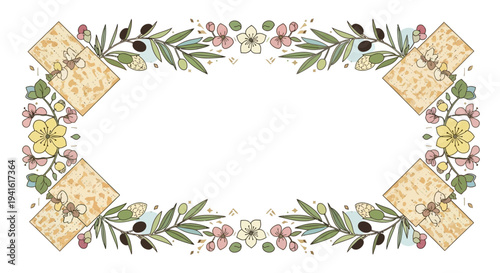 Beautifully illustrated decorative border featuring matzah, olive branches, and delicate flowers, perfect for Passover celebrations and holiday greetings