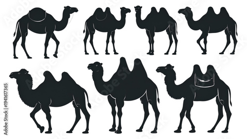 Decorative Camel Silhouettes – Ornate Saddled Camels for Middle Eastern Travel, Desert, and Tourism Vector Set