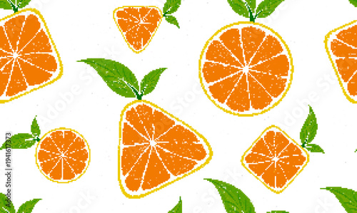 A seamless pixel background with ripe oranges.