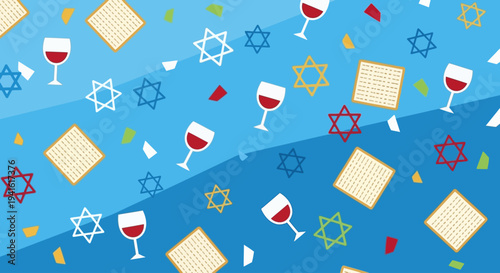 A vibrant blue background celebrating the Jewish holiday of Passover, featuring matzah, wine glasses, and Star of David symbols, adorned with colorful confetti for a festive atmosphere