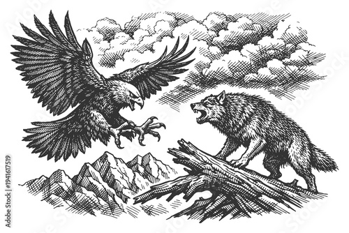 Dramatic Wildlife Encounter Between Bald Eagle and Wild Wolf in the High Mountains Hand Drawn Woodcut Style Vector Illustration Graphic Asset