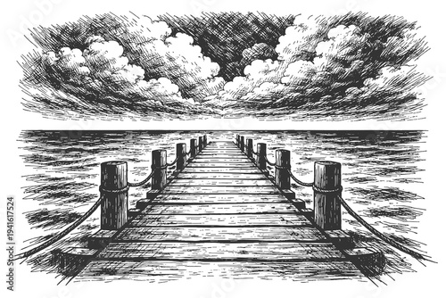 Long Perspective Wooden Pier Leading Into the Calm Ocean Horizon Under Cloudy Sky in Hand Drawn Woodcut Style Vector Illustration Graphic Asset