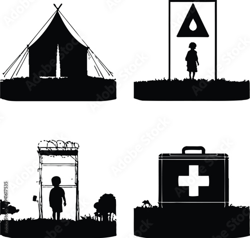 Minimal abstract vector illustration of humanitarian aid icons refugee shelter water child medical kit elegant outline design symbolizing crisis relief and support