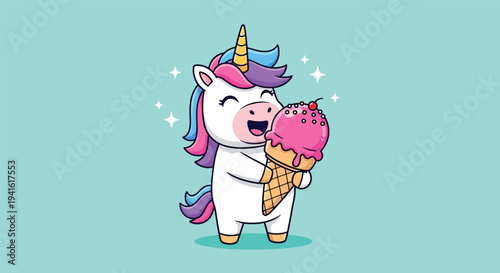 Cute unicorn enjoying a delicious strawberry ice cream cone.