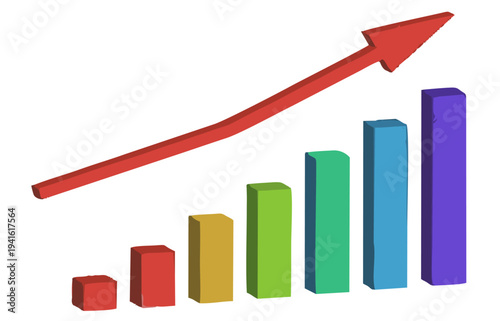 Financial growth bar chart with upward arrow: 3D business success and profit concept.