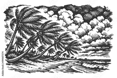 Tropical Paradise Beach with Leaning Palm Trees and Ocean Waves in Hand Drawn Woodcut Engraving Style Black and White Vector Illustration Graphic Asset