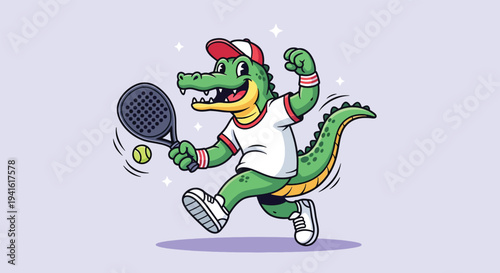 Happy Alligator Playing Tennis with Racket and Ball Vector Illustration.