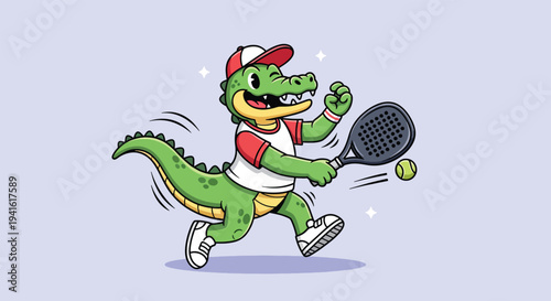 Happy Alligator Playing Tennis with Racket and Ball.