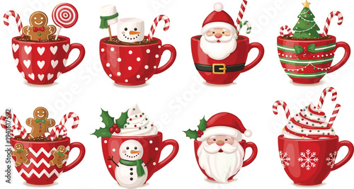 Cute Christmas hot cocoa mugs with gingerbread snowman Santa candy canes marshmallow and holiday toppings festive illustration set