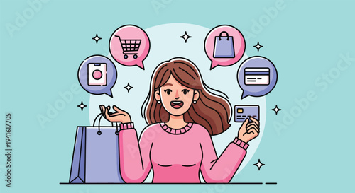 Happy woman shopping with credit card and shopping bag.