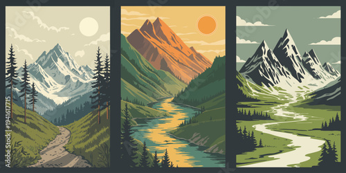 Mountain Day and Night Poster, forest silhouette with full moon and sunny alpine landscape minimalist nature illustration