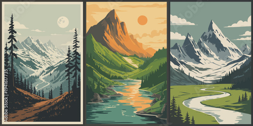 Day Night Mountain Wall Art, evergreen forest with moon and daytime mountain scenery minimalist landscape poster