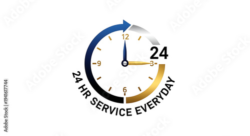 A round clock face showing 24 hours with the text 24 hr service everyday
