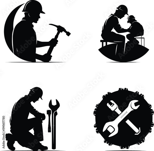 Minimal abstract vector illustration of construction and mechanical icons worker tools wrenches gear elegant outline design symbolizing teamwork and industry
