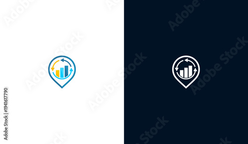 Local business growth logo with map pin and bar chart arrows