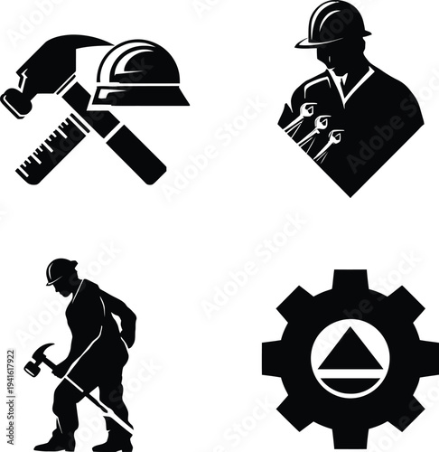 Minimal abstract vector illustration of construction and engineering icons hardhat tools worker jackhammer gear elegant outline design symbolizing industrial labor