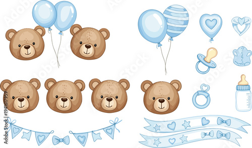 Cute watercolor baby boy teddy bears with blue balloons hearts pacifier bottle rattle and bow banner illustration set