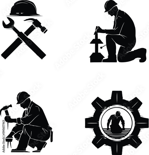 Minimal abstract vector illustration of construction and labor icons hardhat tools worker gear elegant outline design symbolizing industrial professions