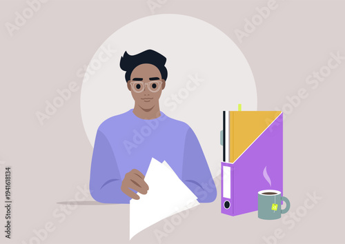 A skilled paperwork consultant examines various documents while seated at a workspace, showcasing organization and diligence in a modern environment alongside a warm cup of coffee
