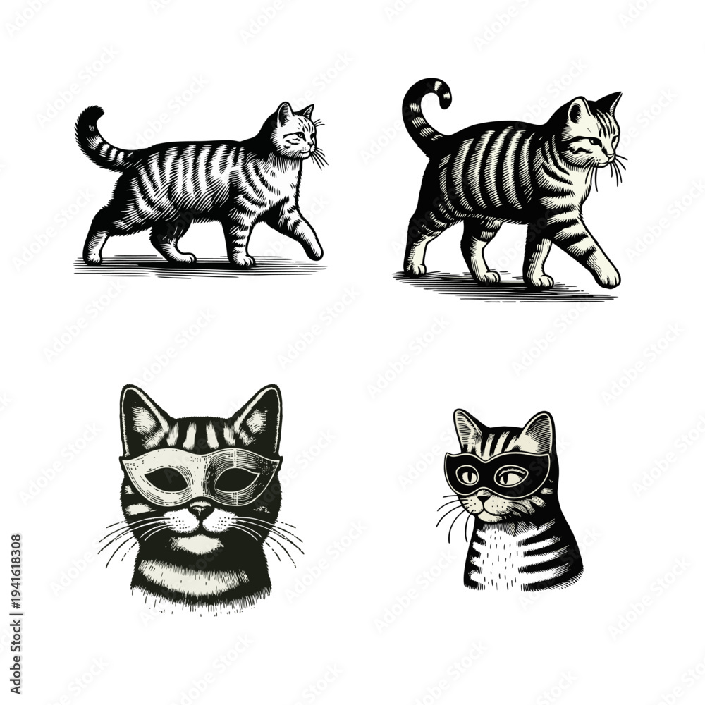 Fototapeta premium Black and White Striped Cats: Walking Poses and Masquerade Masks, Vintage Engraving Style