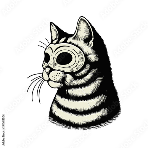 Engraved Masked Cat Head Illustration in Vintage Woodcut Style