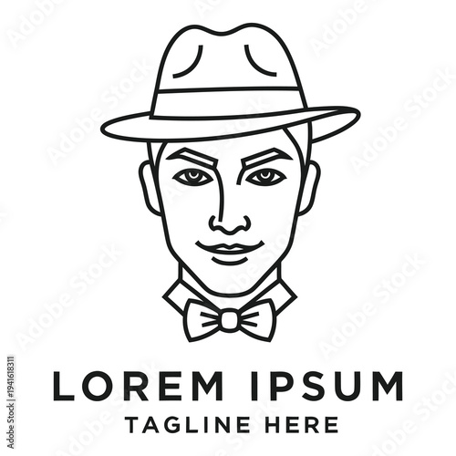 Man wearing hat and bow tie minimalist line art illustration icon
