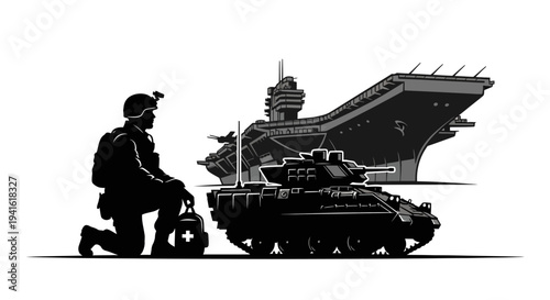 Soldier with First Aid Kit, Armored Vehicle, and Aircraft Carrier - Military Power