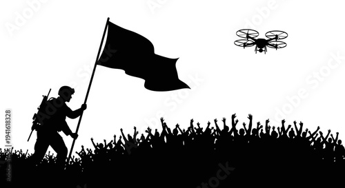 Soldier with Flag and Drone Over Crowd Silhouette