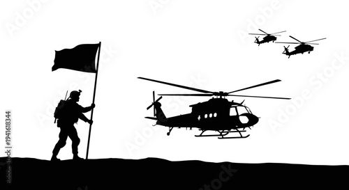 Soldier with Flag and Helicopters Silhouette - Military Operation, Victory Concept