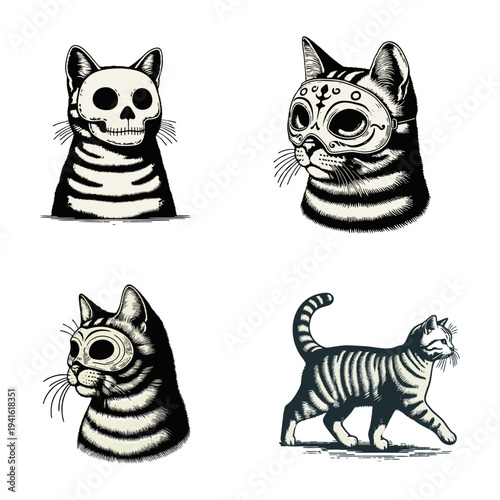 Vintage Cat Illustrations Set: Skeleton, Masked, Goggled, and Striped Walking Cats in Woodcut Style