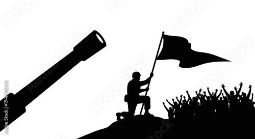 Soldier with Flag on Hilltop, Victory Celebration, Military Triumph, Silhouette