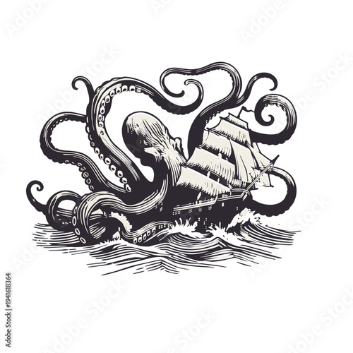 Giant Kraken Sea Monster Attacking Sailing Ship on Rough Ocean Waves Vintage Illustration