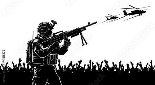 Soldier with Machine Gun and Helicopters Over Crowd