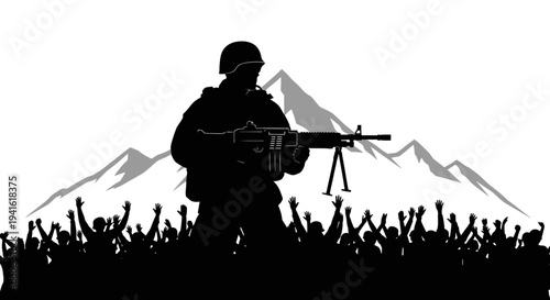 Soldier with Machine Gun Silhouetted Against Mountains and Crowd