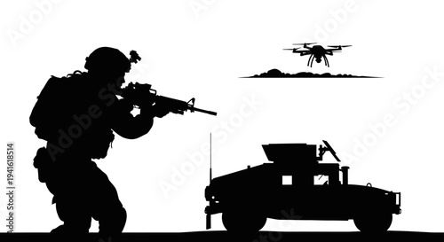 Soldier with rifle, military vehicle, and drone in silhouette