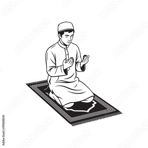 Vector illustration of a man praying on a prayer mat