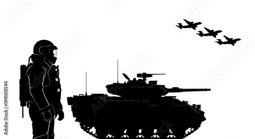 Soldier, Tank, and Fighter Jets Silhouette: Military Power and Air Support