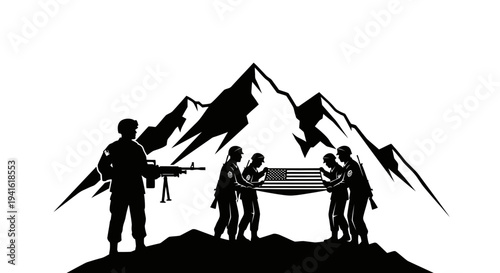 Soldiers Carrying American Flag Silhouette with Mountains and Gun