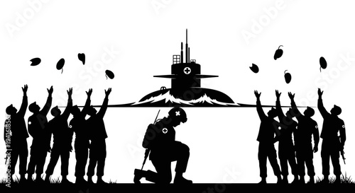 Soldiers Celebrate Submarine Crew Return, Toss Hats in Air, Medic Kneels