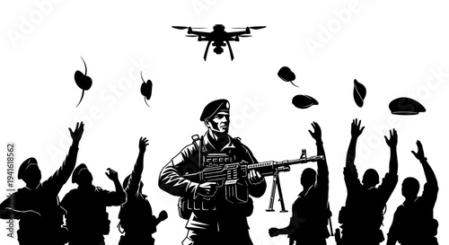 Soldiers Celebrate Victory, Throwing Berets in Air as Drone Flies Overhead