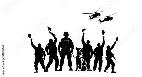 Soldiers Celebrating Victory with Helicopters Overhead