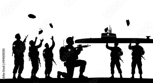 Soldiers carrying a submarine, abstract military concept, teamwork and support